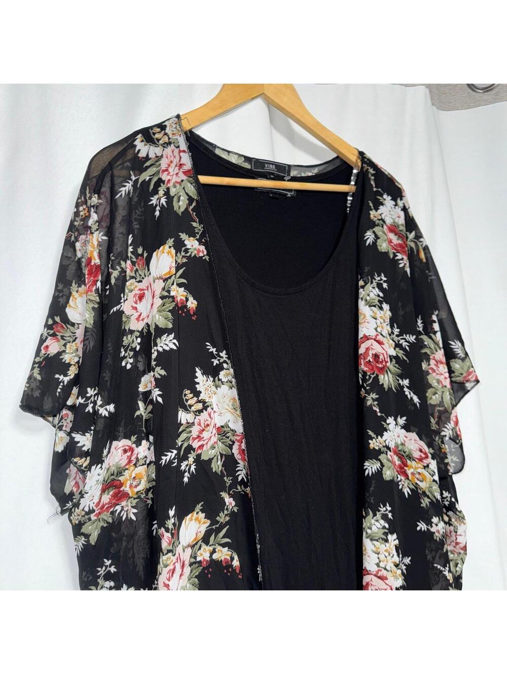 Black maxi dress with sheer floral kimono vibe sportswear 1x - Picture 2 of 7